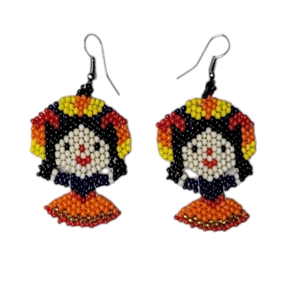 Handmade Otomi Doll Lightweight Beaded Earrings Black Orange Yellow & Cream - Picture 5 of 7